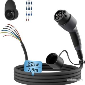 Câble de recharge pour véhicule électrique Depow à extrémité ouverte de type 2 – 22 kW 32 A triphasé – 7,5 mètres de long – Indice de protection IP55 – pour borne de recharge/wallbox